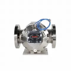 This FILL-RITE positive displacement flowmeter is a custody transfer rated oval gear meter for inline installation with a 3-inch flange connection. It provides +/-0.5% accuracy and a standard frequency pulse output, with no display. Suitable for precise measurement of industrial fluids in applications such as fuel dispensing, chemical processing, and bulk liquid transfer.