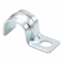 This one-hole conduit and pipe strap clamp is designed for securing 1/2-inch trade size EMT conduit to surfaces. Constructed from steel with a zinc-plated gray finish, it provides corrosion resistance for indoor and protected outdoor applications. Commonly used in electrical installations to support conduit runs.