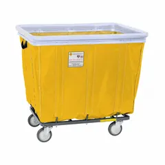 This assembled basket truck features a steel frame with a permanent mildew-resistant yellow vinyl liner, providing a clean and durable interior for transporting bulk materials. With a 12.5 cu ft capacity and 350 lb load rating, it is suited for moving linens, parts, or other items in industrial and commercial settings. The unit includes (4) swivel casters and a bumper for maneuverability and protection.