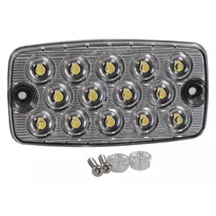 LED backup/reverse light with clear rectangular lens and wire leads. Permanent screw mount, 2 1/2 in overall height. Complies with SAE J585E standards. Used on trailers, trucks, and industrial vehicles for reversing illumination.