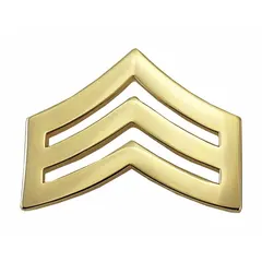Gold metal chevron rank insignia for Sergeant (SGT). Measures 1 inch, constructed of metal with a gold finish. Attaches via clutch pin. Sold as a pair. Suitable for displaying rank on uniform collars, epaulets, or caps in military, law enforcement, or other uniformed services.