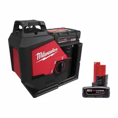 This kit includes a green beam plane laser level with manual leveling and an accuracy of +/- 1/8 in @ 33 ft. It projects a single horizontal plane for alignment tasks. Powered by the M12 battery system, the kit comes with two batteries (48-11-2440).