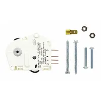 This defrost timer controls the automatic defrost cycle in refrigerators and freezers. It periodically interrupts the compressor operation to activate the defrost heater, preventing ice accumulation on evaporator coils and maintaining proper airflow