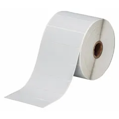 Precut label roll measuring 1 in x 3 in, made of metalized polyester with halogen-free and metal-detectable properties. Designed for use with the BBP11 printer series. Suitable for industrial labeling applications requiring contamination control and traceability.