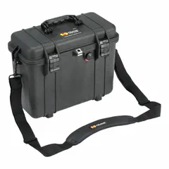 This PELICAN case is constructed of plastic and rubber with a latch closure. It features a divider foam design for organizing contents. The case is black and has no wheels. Typical applications include transporting and storing sensitive equipment such as cameras, electronics, or tools.