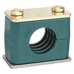 Steel clamp with polypropylene cushion for securing a single tube or pipe line. Ribbed bore provides grip and dampens vibration, reducing noise and wear in fluid or pneumatic systems.