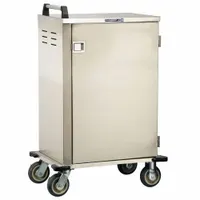 This LAKESIDE meal delivery cart is constructed of stainless steel with a silver finish. It features a non-pass-through design with one door and accommodates six trays. The cart is equipped with two rigid casters and is NSF certified for sanitation in foodservice environments