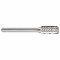 Double-cut carbide bur with corner radius cylinder shape for material removal, deburring, and shaping. Head size 1/8" x 9/16", shank 1/8". Suitable for ferrous and non-ferrous metals in metalworking and fabrication