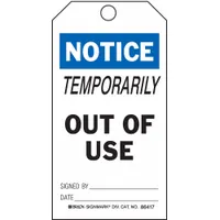 Rectangular polyester safety tag with black/blue/white design, measuring 3 inches wide by 5 3/4 inches high. Suitable for outdoor use and printed in English. Commonly used for equipment status labeling and hazard communication in industrial settings. Supplied in a 25-pack