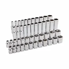 This 98-piece impact socket set includes 24 12-point and 24 6-point sockets in a 3/8 in drive size. Metric deep sockets range from 8 mm to 19 mm. The set is organized in a PACKOUT compatible storage system and features a friction retention system for secure socket retention on impact wrenches. Suitable for heavy-duty fastening and loosening of bolts and nuts in automotive, industrial, and construction applications.