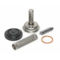 Metal repair kit for OPTIMA Series faucet sensor solenoid valves. Includes armature spring, diaphragm, guide, replacement filter, and washer. Used for servicing and maintaining commercial restroom faucet valves.