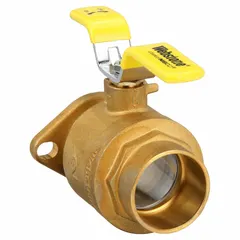 Brass ball valve with straight pattern, full port ball port, and sweat x flange connections. Features a lever handle for manual two-way flow control. Suitable for on/off service in water, oil, or gas lines where minimal pressure drop and reliable shutoff are required.