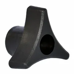 This 3-arm knob features a threaded through-hole for manual adjustment or clamping applications. Constructed from steel with a zinc finish in black, it has a 32 mm diameter and M6 thread. The three-arm design provides a secure grip for tightening, loosening, or positioning components by hand without tools.