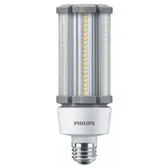 This PHILIPS LED lamp features a medium screw (E26) base, operates at 27 W, and delivers 3000K warm-white light. It accepts 100 to 277V input and is shatter-resistant. Suitable for direct replacement of HID sources in industrial high-bay, warehouse, and parking area fixtures.