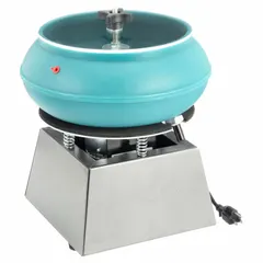 RAYTECH vibratory tumbler with adjustable bowl amplitude and drain-included design. Supports wet or dry operation for deburring, polishing, and surface finishing of metal and plastic parts. Suitable for precision finishing in manufacturing and machine shops.