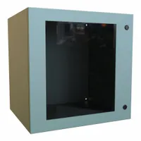 Steel washdown enclosure rated NEMA 12/3R/4, measuring 24 x 24 x 20 inches. Features a solid cover with a window and a 1/4-turn latch closure. No knockouts included. Suitable for protecting electrical controls in environments where protection from dust, rain, and hose-directed water is required