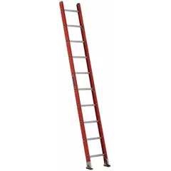 This 10 ft fiberglass straight ladder has a 300 lb load capacity and weighs 21 lb. It features orange color, swivel safety shoes for stability on uneven surfaces, and mar-resistant end caps to protect walls. The non-conductive fiberglass construction provides electrical insulation for tasks near energized circuits.