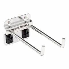 This surface-mount hook is designed for square-hole pegboard, featuring a 90-degree double rod configuration. Made of brushed stainless steel with a silver finish, it includes three hooks with a 4-inch depth and ABS retainers for secure tool storage. Suitable for organizing hammers in workshops or garages.