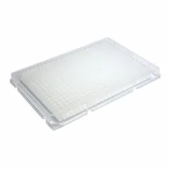 This 384-well microplate is made of natural-colored polystyrene with square wells, each having a 0.112 mL capacity and an 85 mm diameter. It is non-sterile and not RNase/DNase free. Commonly used for high-throughput screening, sample storage, and assay preparation in laboratory settings.