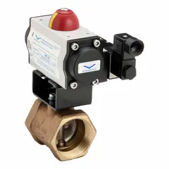 This pneumatically actuated butterfly valve features a bronze body and stainless steel disc, designed for use with corrosive chemicals and salt water media. Suitable for on-off or throttling control in industrial piping systems. Pilot solenoid voltage is not included.