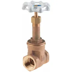 This 1-inch bronze rising stem gate valve is designed for potable water systems. It features FNPT x FNPT connections, a solid wedge, and a wheel operator. Rated at 300 psi CWP, it is suitable for on-off control in water mains and branch lines.