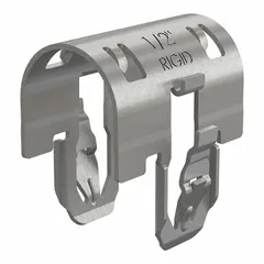Snap-in rigid conduit clamp for securing 1/2 in trade size conduit to Smart-Cap/Slotted Receiver systems. Constructed from spring steel with a gray SST (Dakota ProTect™ Wet/Dry: 1000hr) finish for corrosion resistance. Used in electrical installations requiring a secure, corrosion-resistant clamp.