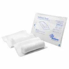 Sterile, latex-free fabric trauma dressing measuring 5 1/2 inches wide by 9 1/2 inches long. Suitable for wound care and hemorrhage control in medical, first-aid, and emergency settings. Supplied in a box of 60 unitized dressings. Meets FDA standards.