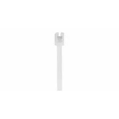 Natural cable tie with integrated tail clipper for indoor bundling and organizing wires or cables. Nominal length 14 1/2 inches, width 0.18 inches, nominal maximum bundle diameter 4 inches. Not rated for outdoor use. Supplied in a 50-pack.