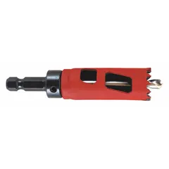 This hole saw with attached arbor has a 13/16 in diameter and a 1/2"-20 thread size. It features 5/6 teeth per inch and a maximum cutting depth of 1 7/8 in. Suitable for cutting holes in wood, metal, plastic, and drywall for plumbing, electrical, and general construction applications.