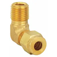 This PARKER double-ferrule brass compression fitting elbow connects tubing to male NPT threads at a 90-degree angle. It is used in pneumatic, hydraulic, and instrumentation systems to create leak-tight seals. Compatible with Parker A-LOK fitting brands