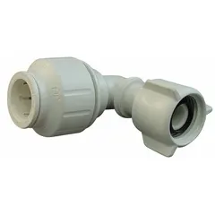 This polysulfone push-to-connect elbow fitting connects 1/2 in OD tubing to a 7/8 in UNS threaded port. It enables tool-free installation in low-pressure fluid systems such as pneumatics, instrumentation, and water or chemical lines.