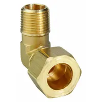 This brass compression fitting elbow connects 3/4 in OD tubing to a 1/2 in male NPT threaded port. It is configured as compression x MNPT and sold in packs of 10. Suitable for joining tubing in pneumatic, hydraulic, or instrumentation lines where a leak-resistant seal is required