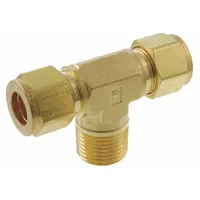 This brass compression tee fitting features a double-ferrule design for leak-free sealing. It connects two 3/8 in OD tubes and one 3/8 in pipe, suitable for instrumentation, hydraulic, and pneumatic systems in industrial fluid handling and process control applications. Compatible with Parker A-LOK fitting brands