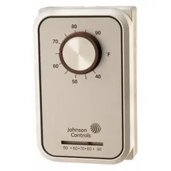 Analog line-voltage thermostat for heat or cool applications in HVAC systems. Features 1H/1C staging, SPDT switch action (open/close on rise), and exposed dial control. Temperature range 40° to 90°F, operates on 24 to 277V AC. Suitable for controlling fans, valves, or electric heaters in commercial or industrial settings.