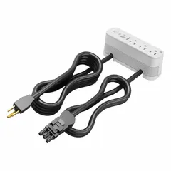 Surface-mount rectangular power strip with three 5-15R outlets and a 10 ft cord with straight plug. Includes one Type C USB connector. White finish. For integrating power and charging into furniture surfaces.