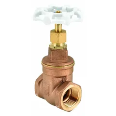 This 1-inch non-rising stem bronze gate valve is designed for potable water systems. It features a bronze body, bronze wedge, and bronze bonnet, with FNPT x FNPT connections and a wheel handle. The solid wedge design and 300 psi CWP rating make it suitable for full open or full closed service in residential and commercial plumbing applications.