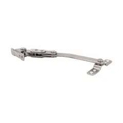 This lid support is constructed from 304 stainless steel for corrosion resistance. It has an overall height of 15/16 in and an overall width of 10 59/64 in. Used in industrial enclosures, electrical cabinets, and machinery to hold lids open securely.