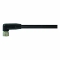 Single-ended cordset with a black PVC jacket for flexing applications. Features an M8 female right-angle connector on one end and bare wire on the other. 4 pins, 24 AWG wire size, 7.5 m cable length. IP67 rated for protection against dust and moisture.