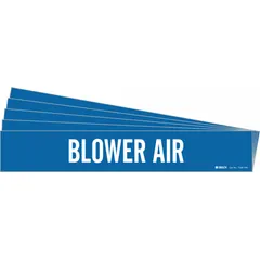 Blue adhesive pipe marker with white legend text reading 'Blower Air'. Designed for pipes with outer diameter of 8 inches and larger. Suitable for identifying blower air lines in industrial piping systems. Pack of 5 includes one marker without arrows.