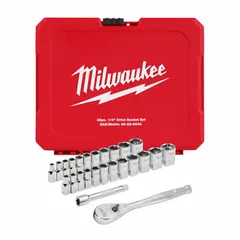 This 25-piece socket set includes 1/4 in drive tools with friction ball retention. It contains 6-point sockets in SAE sizes from 5/32 in to 9/16 in and metric sizes from 5 mm to 15 mm. Suitable for fastening and loosening nuts and bolts in automotive repair, machinery maintenance, and general assembly work.