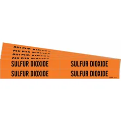 Adhesive pipe marker for identifying pipes carrying sulfur dioxide. Orange background with black legend text. Fits pipe outer diameters from 3/4 to 2-3/8 inches. Pack includes 4 markers without directional arrows, supplied in a 5-pack. Used in industrial facilities for marking hazardous gas lines.