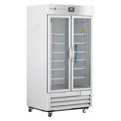 Upright lab refrigerator with 36 cu ft capacity, white finish, and swing glass door opening left and right. Maintains 2°C to 7°C temperature range using R-290 refrigerant. Features a temperature alarm. Overall depth 34 3/4 in. Suitable for storage of temperature-sensitive medications and vaccines in clinical and laboratory settings.