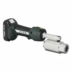 This cordless knockout punch kit operates on 18V DC and includes one 2.0 Ah battery, one charger, and one 1-inch die. It punches holes up to 4 inches in steel up to 10 gauge thick, suitable for creating openings in enclosures and panels for electrical conduit and cable installations.