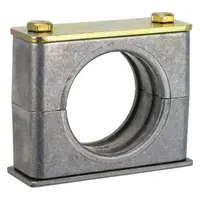 Steel clamp with aluminum cushion for securing a single line. Ribbed bore provides enhanced grip and vibration dampening. Used in industrial fluid systems to reduce noise and protect tubing or piping from fatigue