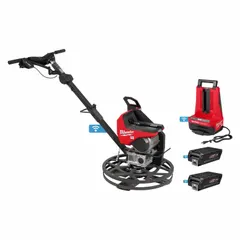 This battery-powered concrete trowel features a steel blade and includes two batteries. It is used for finishing and smoothing concrete surfaces in applications such as slabs, curbs, and walkways.