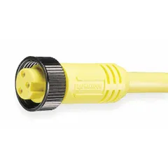 Single-ended cordset with a 7/8"-16 female straight connector on one end and bare wire on the other. Features 3 pins, 16 AWG wire, and a 6 ft yellow PVC cable jacket. Rated IP68 and NEMA 6P for protection against moisture and dust. Suitable for flexing applications in industrial environments.