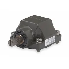This limit switch head from the OMRON D4A series features a side-mounted roller arm plunger actuator without a lever. Designed for maintained operation, it is used in industrial automation to detect the position or presence of moving machinery parts in manufacturing and material handling systems.
