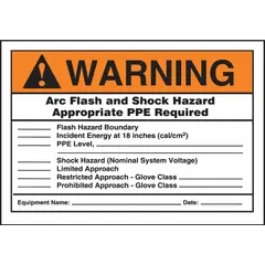 This adhesive vinyl sign warns of arc flash and shock hazards, indicating required PPE, flash hazard boundary, and incident energy levels. It measures 3 1/2 x 5 inches with a thickness of 0.006 inches. The sign is not retroreflective and does not glow in the dark. It is designed for mounting on electrical enclosures or equipment in industrial settings.