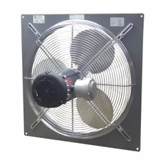 This direct-drive panel exhaust fan is designed for hazardous locations classified as Class I, Div 1, Groups C and D. It features a 24-inch blade, 1/3 hp explosion-proof motor, and delivers 5,520 cfm at 115/208-230V AC single-phase. The unit is assembled with a powder-coated steel frame and intake guards, suitable for ventilation in environments with flammable gases or combustible dusts.