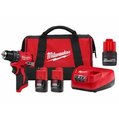 Subcompact cordless pistol-grip drill/driver with brushless motor. Features a 3/8 in chuck and maximum speed of 1,550 RPM. Operates on 12 V DC M12 battery system. Suitable for light- to medium-duty drilling and fastening in confined spaces.